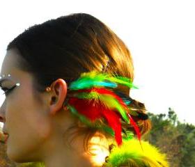 Spiritual.Aura Meanings : Copper Wire - Red/Yellow/Blue/Green Rooster Feathers Ear Cuff **FREE SHIPPING**