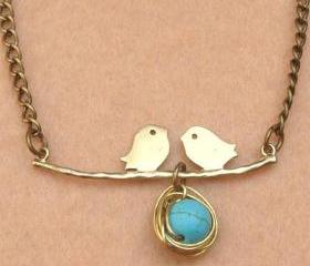 Bird Nest Leaf and Turquoise Necklace