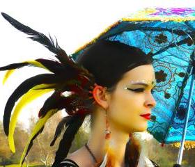 Spiritual.Aura Meanings : Copper Wire - Red/Yellow/Green Rooster Feathers Ear Cuff **FREE SHIPPING**