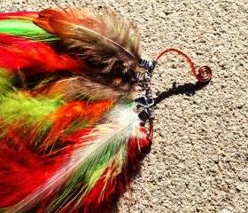 Spiritual.Aura Meanings : Copper Wire - Red//Violet/Orange/Green/White Rooster Feathers Ear Cuff **FREE SHIPPING**