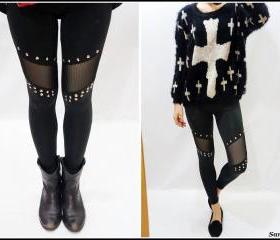 Black Studded Mesh Leggings