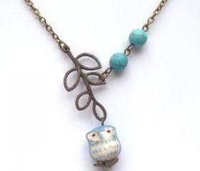 Antiqued Brass Leaf Turquoise Porcelain Owl Necklace
