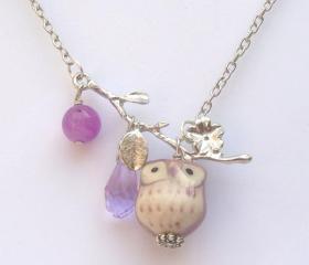 Silver Leaf Jade Quartz Porcelain Owl Necklace