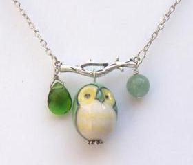 Silver Leaf Jade Quartz Porcelain Owl Necklace
