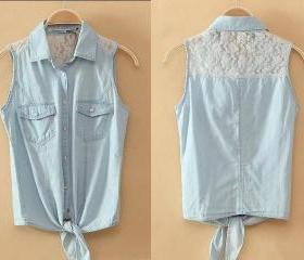 Denim Button-Up Shirt With Lace