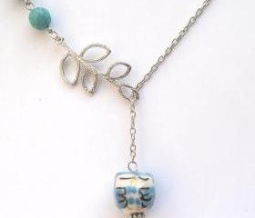 Silver Plated Brass Leaf Turquoise Porcelain Owl Necklace