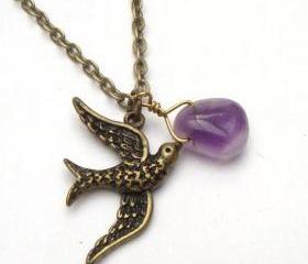 Antiqued Brass Swallow Amethyst Necklace