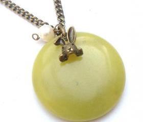 Antiqued Brass Bunny Lemon Jade Pearl Necklace