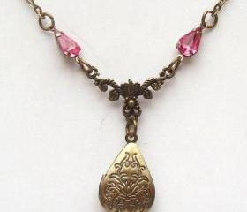Antiqued Brass Flower Locket Quartz Necklace