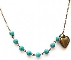 Antiqued Brass Heart Turquoise Necklace