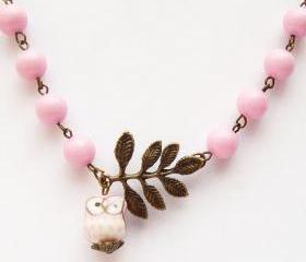 Antiqued Brass Leaf Pink Jade Porcelain Owl Necklace