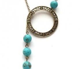 Antiqued Brass Circle Green Turquoise Necklace