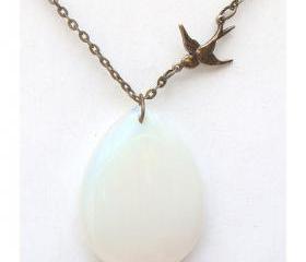 Antiqued Brass Bird Opalite Necklace