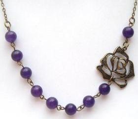 Antiqued Brass Flower Purple Jade Necklace