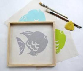 Baby room decor - Screen printed fish, set of 3