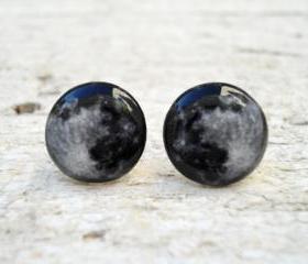 Full Moon Earrings, Glass Photo Small Ear Studs (E8)