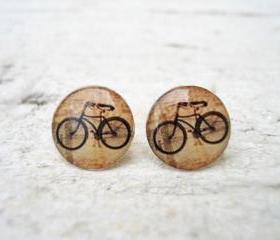 Retro Bicycle Ear Studs Posts Beige Earrings , Bike Jewelry, Vintage (E14)