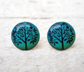 Teal Blue Tree Ear Studs, Small Ear Posts Earrings, Gift Bridesmaids (E4)