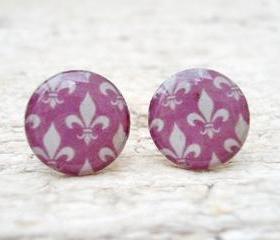 Purple White earrings studs posts, Awesome Cute Gift for her