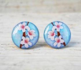 Cherry Blossom Earrings Blue White Brown, Small Studs Posts, Woodland Jewelry