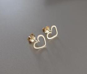 14K Gold Heart Earrings, Gold Heart Stud Earrings, Gold Heart Post Earrings, 14K Gold Stud Earrings