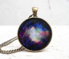 Galaxy Necklace Space Pendant, Nebula Blue Purple Green Black