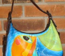 Hand Painted Handbag Purse Shouder Bag Funky Abstract Portrait of Woman with Blue Hair