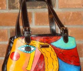 Hand Painted Handbag Purse Shoulder Bag Funky Abstract Portrait of Red Haired Woman