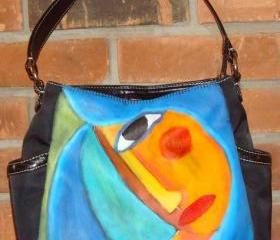 Hand Painted Handbag Purse Shoulder Bag Funky Abstract Portrait of Woman with Blue Hair
