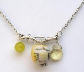 Silver Leaf Yellow Jade Quartz Porcelain Owl Necklace