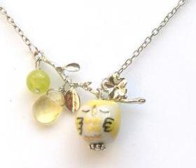 Silver Leaf Yellow Jade Quartz Porcelain Owl Necklace