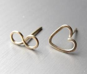  Infinity Post Earrings, 14K Gold Infinity Studs, Gold Infinity Heart Post, Gold Heart Stud Earrings