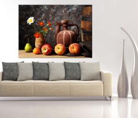 15x11 Digital printed Canvas folk still life to your wall, fruits, flowers and jug, rustic still life photo (size: 15x11 inch plus border).