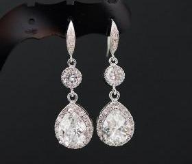 Wedding Bridal Jewelry Bridal Earrings Bridesmaid Earrings Dangle earrings clear white cubic zirconia Crystal Tear drops Earrings
