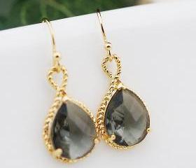 Wedding Jewelry Dangle Earrings Bridal Earrings Bridesmaid Earrings Black diamond grey glass Pear Cut Earrings