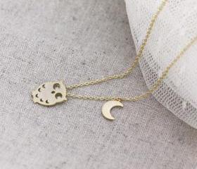Tiny owl with crescent moon necklace 