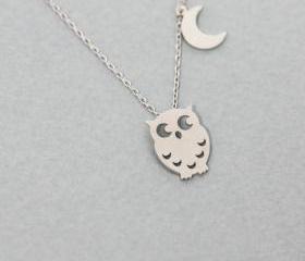 Tiny owl with crescent moon necklace 