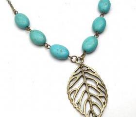 Antiqued Brass Leaf Green Turquoise Necklace