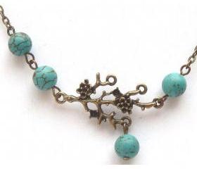 Antiqued Brass Branch Leaf Turquoise Necklace