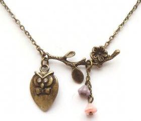 Antiqued Brass Branch Owl Necklace