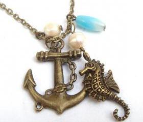 Antiqued Brass Anchor Seahorse Pearl Necklace