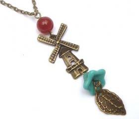 Antiqued Brass Leaf Windmill Czech Flower Agate Necklace
