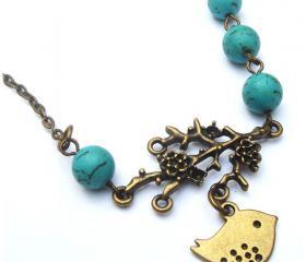 Antiqued Brass Branch Bird Turquoise Necklace
