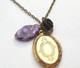 Antiqued Brass Locket Flower Turquoise Necklace