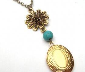 Antiqued Brass Locket Flower Green Turquoise Necklace