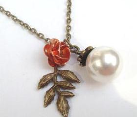 Antiqued Brass Leaf Flower Necklace