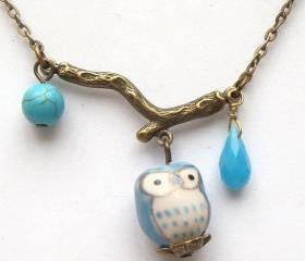 Antiqued Brass Leaf Turquoise Quartz Porcelain Owl Necklace