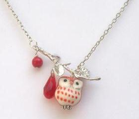 Silver Leaf Coral Quartz Porcelain Owl Necklace