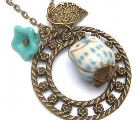 Antiqued Brass Leaf Czech Glass Porcelain Owl Necklace