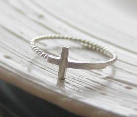 Sideways cross ring 6.5 size in white gold , twisted ringband , everyday jewelry, delicate minimal jewelry
